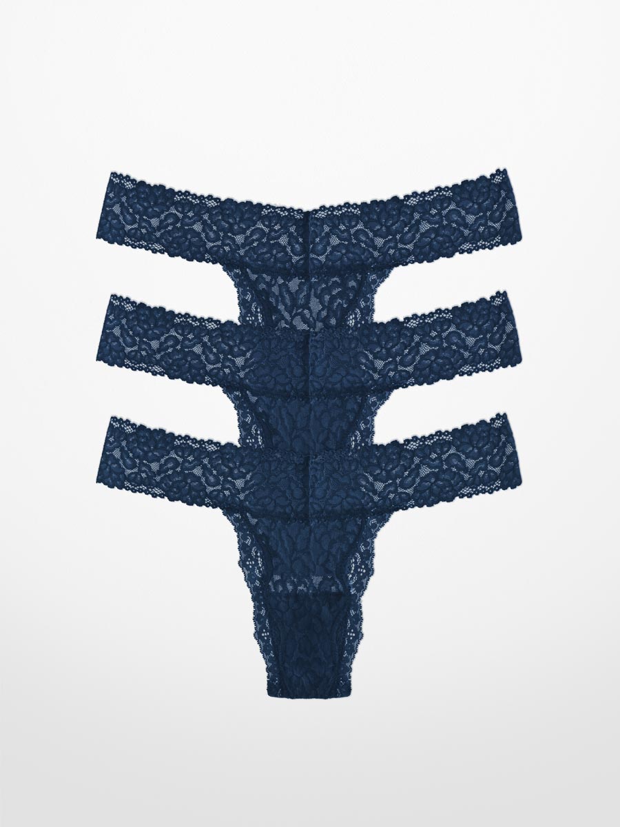 Luxe-Stretch Lace Thong in Midnight Blue- LoveSuze