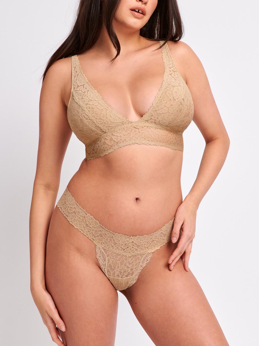 Luxe-Stretch Lace Thong in Beige - LoveSuze